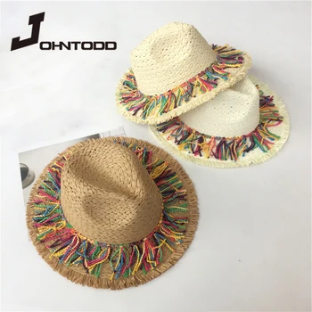 Naujos spalvos juostelės su kutais apdailos šiaudų skrybėlę saulės skydelis nuo saulės skrybėlę ponios mados paplūdimio skrybėlę džiazo vasaros skrybėlę, moteris paryžiaus skrybėlę