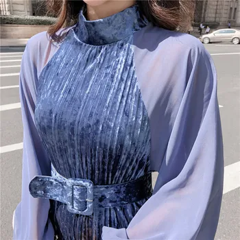 Naujų 2020 m. Pavasario Dress Prekės ženklo Mados kilimo ir tūpimo Tako Dizaineris Aksomo, šifono suknelė žibintai rankovės aukso aksomo suknelė