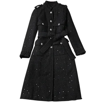 Naujų 2020 m. rudens žiemos moterys vilnonis ilgas kailis prabangos dizaineris prekės blizgučiais duobute elegantiška juoda varčias storio viršutinių drabužių siuvimas