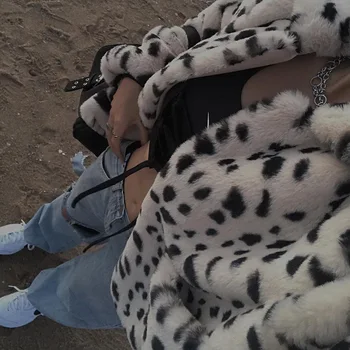 NCLAGEN Moterų Laukinis Leopardas Viršutiniai drabužiai Žiemos Ilgos Rankovės Vieną Krūtinėmis Dirbtiniais Kailių Paltai Lady Kišenėje Šiltas Storas Prašmatnus Drabužių Viršų