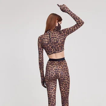 NCLAGEN Moterų Mados Spausdinti ilgomis Rankovėmis Su Pirštines Apkarpytos Top Marškinėliai Slim Fitneso Bambos Nuogos Harajuku Leopard Bodycon Marškinėlius