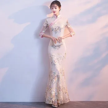 Negabaritinių 3XL 4XL Vestuves Cheongsam Rytų vakarinę Suknelę Kinijos Tradicinės Moterų Elegantiškas Qipao Ilga Suknelė Retro Vestido