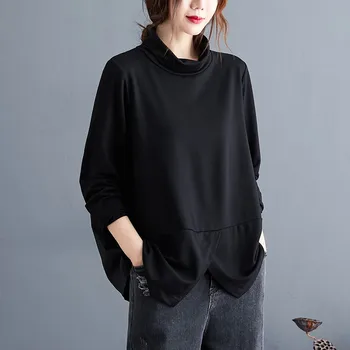 Negabaritinių Moterų Rudenį Long Sleeve T-shirt Naujų 2020 m. Derliaus Golfo Prarasti Patogi Moteriška Juodos spalvos Medvilniniai Marškinėliai Topai