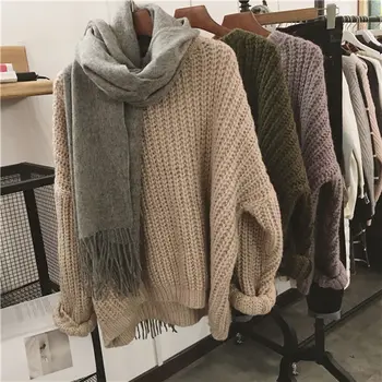 Negabaritinių retro laisvi megztiniai megztinis moterų 2020 m. rudens žiemos naujų korėjos stiliaus storio vata grynos spalvos megztinis O-kaklo džemperis