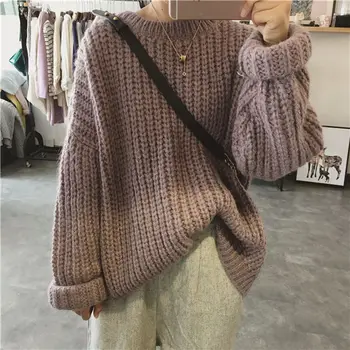 Negabaritinių retro laisvi megztiniai megztinis moterų 2020 m. rudens žiemos naujų korėjos stiliaus storio vata grynos spalvos megztinis O-kaklo džemperis