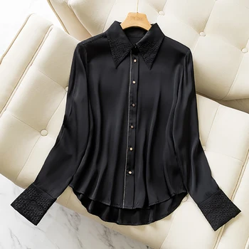 Nekilnojamojo Šilko Office Lady Black Darbo Marškiniai, Elegantiškas Mados Turn-žemyn Apykaklės ilgomis Rankovėmis Kietas Natūralus Šilkas Moterų Satino Palaidinė Viršūnės