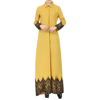 NEMOKAMAI STRUČIŲ Musulmonų Suknelė Moterims Geltonos spalvos Nėrinių Kraštais Priekiniai Abaja Musulmonų Maxi Kaftan Kimono Musulmonų Mados Suknelė Moterims Vasaros