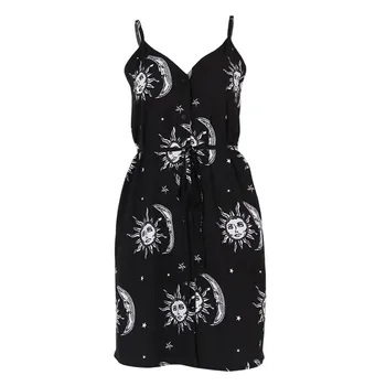 NEMOKAMAI STRUČIŲ Suknelė Moterims Sun Moon Spausdinti Varčias V-Kaklo Diržas Rankovių Apvalkalas, Juoda Dabartinės Elegantiškas, Grakštus Trumpą Suknelę Vasarą