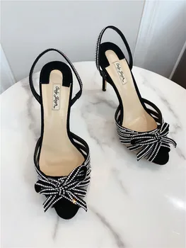 Nemokamas pristatymas moterų mados batai black suede bow kristalų strappy peep toe slingback aukštakulnius sandalus 10cm, 12cm