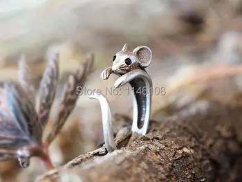 Nemokamas pristatymas Pelės Žiedas Moterų Merginos Retro Burnished Žiurkės Gyvūnų Žiedas Papuošalai Reguliuojamas Nemokamai Dydis Wrap Pelių Žiedas