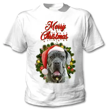 Neopolitan Mastifas Linksmų Kalėdų Santa P1 Medvilnės, Baltos Spalvos Marškinėlius