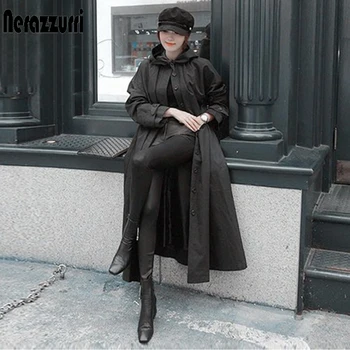 Nerazzurri Ilgi juodi tranšėjos paltai moterims su gobtuvu, ilgomis rankovėmis Rudenį prarasti kilimo ir tūpimo tako dizainerių moteriškų rūbų 2020 korėjos mados