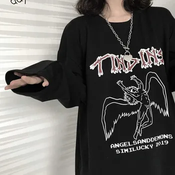 NiceMix Pavasarį naują korėjos rudens ulzzang Harajuku gatvės hip-hop tamsiai retro angelas print T-shirt in mados prarasti atsitiktinis moterų