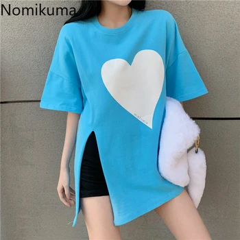 Nomikuma Korėjos Prašmatnus Marškinėliai Moterims, O Kaklas Trumpas Rankovės Padalinti Dizainą Atsitiktinis Palaidų Viršūnes Meilė Širdies Modelis Pagrindinio Tshirts 2021 Naujas