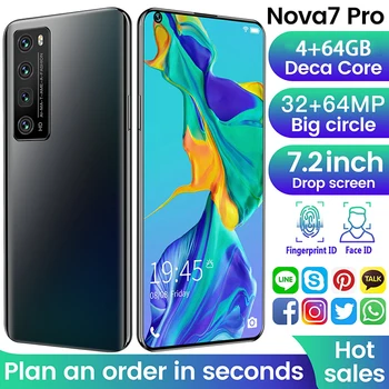 Nova7 Pro 4+64GB 7.2-Colių HD Vandens Lašas Ekranas, 3D High-End Mados Karšto Sulenkta Stiklo Atgal Padengti, Dual Kortelės Dvejopo Laukimo