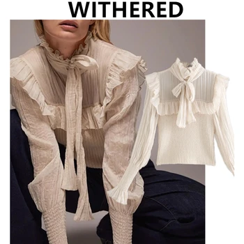 Nudžiūvo Anglija Stiliaus Mados Elegantiškas Šifono Ruffles Ir Megzti Sujungimas Žiemos Palaidinė Moterims Blusas Mujer De Moda 2020 Marškinėliai