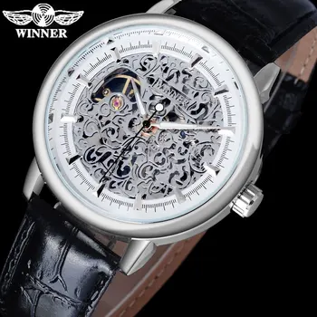 NUGALĖTOJAS prabangos prekės ženklo mados sporto mechaniniai laikrodžiai odinis dirželis vyrų rankinio vėjo skeletas sidabro atveju laikrodžiai reloj hombre
