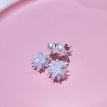 Nuimamas ir paprasta sprogstamųjų ledo gėlių Edelweiss auskarai Gamtos gėlo vandens perlų oblate sterlingas sidabro auskarai