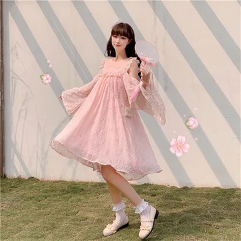 Nuo Peties Japonijos Kawaii Saldus Mielas Minkštas Girly Rožinė Moterų Suknelė 2020 Metų Vasaros Peter Pan Apykaklės Blyksnius Rankovės Mergina Suknelės