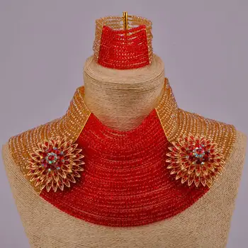 Nuostabi raudona ir šampanas aukso ab 25 eilučių choker karoliai afrikos vestuvių karoliukai nigerijos papuošalų rinkinys kristalas