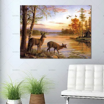 Nuotrauka gyvūnų drobės tapybos Sienos meno miškų dvi elnių plakatai ir spausdina namų puošybai tapybos meno spausdinimo ant drobės