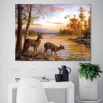 Nuotrauka gyvūnų drobės tapybos Sienos meno miškų dvi elnių plakatai ir spausdina namų puošybai tapybos meno spausdinimo ant drobės