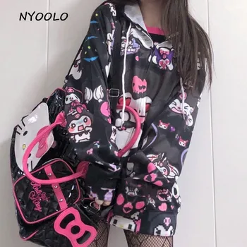 NYOOLO Harajuku streetwear plius dydis mielas animacinių filmų ilgomis rankovėmis užtrauktuką gobtuvu striukė moterims medžiaga Japonija stilius saldus mergaičių viršutinių drabužių siuvimas
