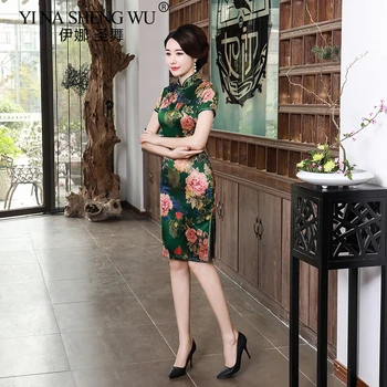 Nėriniai Qipao Kinijos Satino Cheongsam Spausdinimo Trumpą Suknelę Moteris Slim Retro Kasdien Pokylių Suknelė Kinija Vakarą Brokatas Cheongsam Naujas