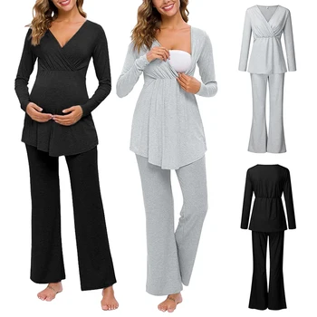 Nėščioms Moterims Motinystės Drabužiai Nustatyti Atsitiktinis maitinimo Krūtimi T-shirt Medvilnės Pižama, Kelnės, Kostiumas Nėštumo Slaugos Viršuje Embarazada