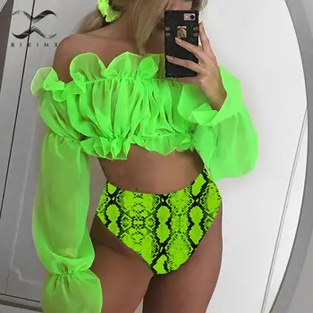 Off peties 2019 Neoninė Žalia Akių maudymosi kostiumas ilgomis rankovėmis maudymosi kostiumėliai, moterų Aukšto juosmens maudymosi kostiumėlį moteris Gyvatė spausdinti bikini komplektas naujas