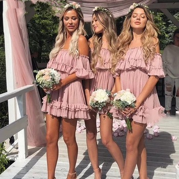 Off Peties Dirželis Šifono Vasaros Suknelės Moterims, Pynimas Klostuotas Trumpas Rožinės Spalvos Elegantiškas Atostogų Prarasti Paplūdimio Mini Suknelė 2019 Naujas
