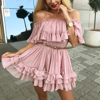 Off Peties Dirželis Šifono Vasaros Suknelės Moterims, Pynimas Klostuotas Trumpas Rožinės Spalvos Elegantiškas Atostogų Prarasti Paplūdimio Mini Suknelė 2019 Naujas