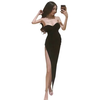 Off-the-pečių rankovių vamzdžio viršaus ilga suknelė moteriškas aukštos ritininės aksomo suknelė naktinis klubas šalies nereguliarus juoda ilga suknelė