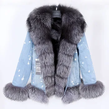 Originali ultra short denim lapės kailio apykaklė mados plius aksomo šiltas atsitiktinis jacketdenim striukė moterims
