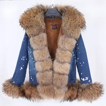 Originali ultra short denim lapės kailio apykaklė mados plius aksomo šiltas atsitiktinis jacketdenim striukė moterims