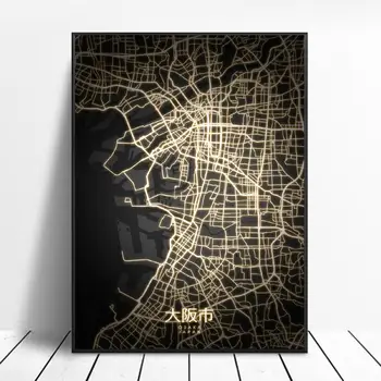 Osaka, Saporas Sendai Tokijo Yokohama, Japonija Juodos ir aukso Drobė Sienos Meno Žemėlapį Plakatas