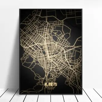 Osaka, Saporas Sendai Tokijo Yokohama, Japonija Juodos ir aukso Drobė Sienos Meno Žemėlapį Plakatas