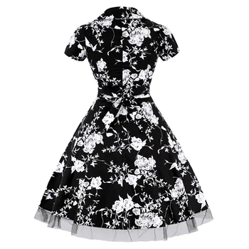 OTEN Vasaros Moterų Suknelė Elegantiška Vintage trumpomis Rankovėmis V-Kaklo Juoda Balta Gėlė gėlių spausdinti nėrinių Kratinys Lankas šalies midi suknelė
