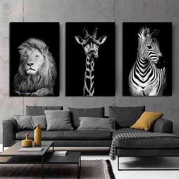 OUCAG Gyvūnų Sienos Meno Black ir White Lion Zebra Dramblys Plakatas, Tapyba Meno Grafinis Cuadros Namo Apdaila už Kambarį