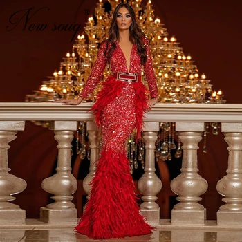 Pagal Užsakymą Pagaminti Plunksnos Duobute Vakaro Drabužiai, Chalatai Vestidos Kaftans Dubajaus Moterų Prom Dresses Saudo Arabija Undinė Raudona Šalis Suknelė