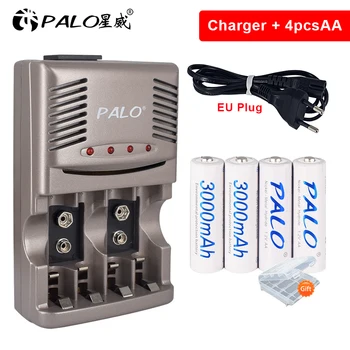 PALO 4-12pcs AA įkraunamos baterijos AA 3000mah 1.2 V AA baterijos vaizdo kamera+aa aaa baterijų įkroviklis 9V baterijos kroviklis LED ekranas
