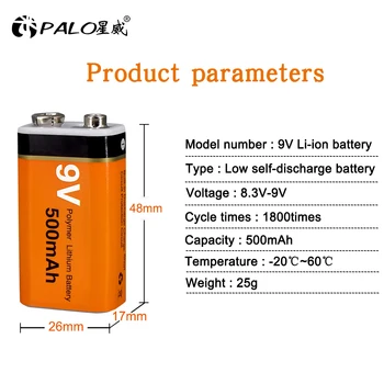 PALO 9V500MAH Ličio įkraunama baterija 9v li ion daugkartinio įkrovimo baterija 6f22
