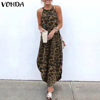 Paplūdimys Moterų Suknelė VONDA 2021 m. Vasaros Derliaus Sleeveles Leopardas Spausdinti Šalis Suknelė Moterų Bohemijos Vestido Plius Dydis Sundres 5XL