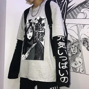 Paryžiaus Mergina Harajuku Japonų Anime Spausdinti Moterų Palaidinukė Netikrą 2 Gabalus, O-Kaklo, Ilgomis Rankovėmis Atsitiktinis Palaidų Moterų Marškinėliai