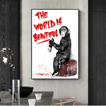 Pasaulis Yra Gražus Graffiti Meno Drobė Paveikslų Beždžionė Gatvės Sienos Menas, Plakatų ir grafikos Gyvūnų Nuotraukų Kambarį
