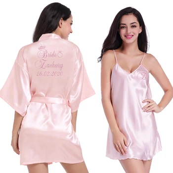 Pasirinktinis Pavadinimas Vestuvių Moterų Pižamą Rinkiniai 2 Vnt Nightdress Chalatas Moterų Atlasas Kimono Vonia Suknelė Sleepwear Rožinė Rūbeliai Tiktų