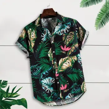 Patalynė Trumpas Rankovės Marškinėliai Vyrams Vasaros Gėlių Prarasti Baggy Atsitiktinis Havajai Atostogų Beach Tee Marškinėliai Topai Mygtukai Palaidinė Nacionalinės Stilius