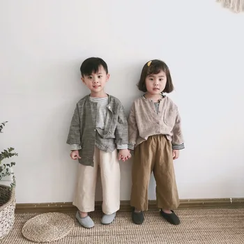 Pavasario 2019 vaikų medvilnės ir lino marškinėliai Korėja plokštė laisvas nuo saulės medvilnės ir lino marškinėliai berniukams ir mergaitėms