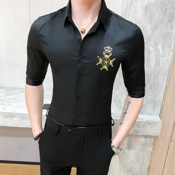 Pavasario Shirt Mens Aukso Siuvinėjimai trumpomis Rankovėmis Slim Fit Suknelė Marškiniai Vyrams, Atsitiktinis Streetwear Socialinės Blusa Camisa Masculina