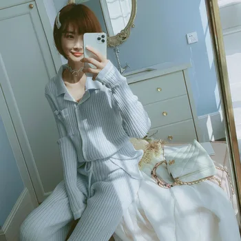 Pavasario Žiemos Sleepwear Nustatyti Korėjos Megzti Vilnos Pijamas Moterų Pajama Ilgomis Rankovėmis, Ilgas Kelnes Komfortą Namų Drabužiai Minkšti, Naktiniai Drabužiai